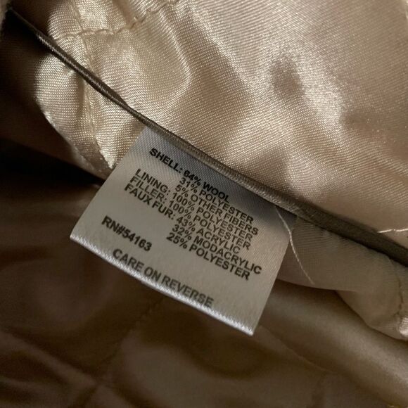 Calvin‎ Klein Beige Wool Blend Full Zip Womens Coat Size Large Jacket Fur Hood - Picture 6 of 8